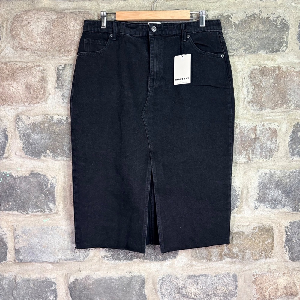 Industry Petite Black Denim Midi Skirt Raw Hem Front Slit Size 14P NWT Modest